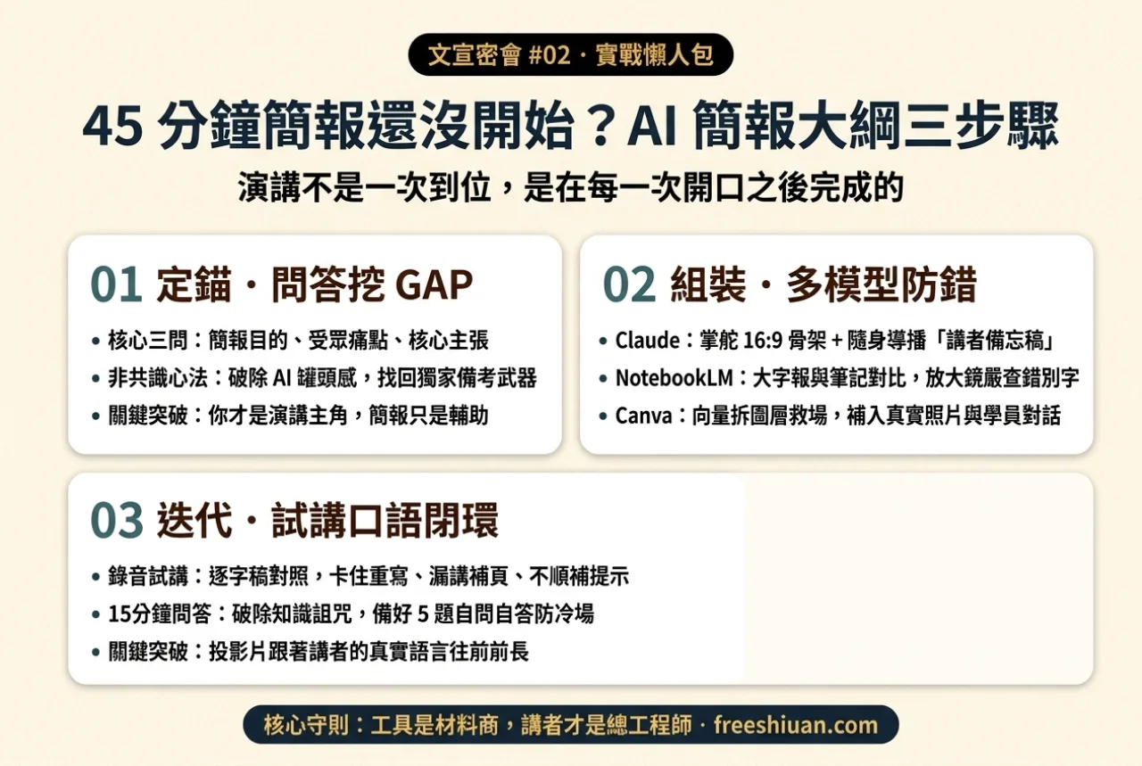 文宣密會#2｜45 分鐘簡報還沒開始：AI 簡報大綱三步驟實戰懶人包